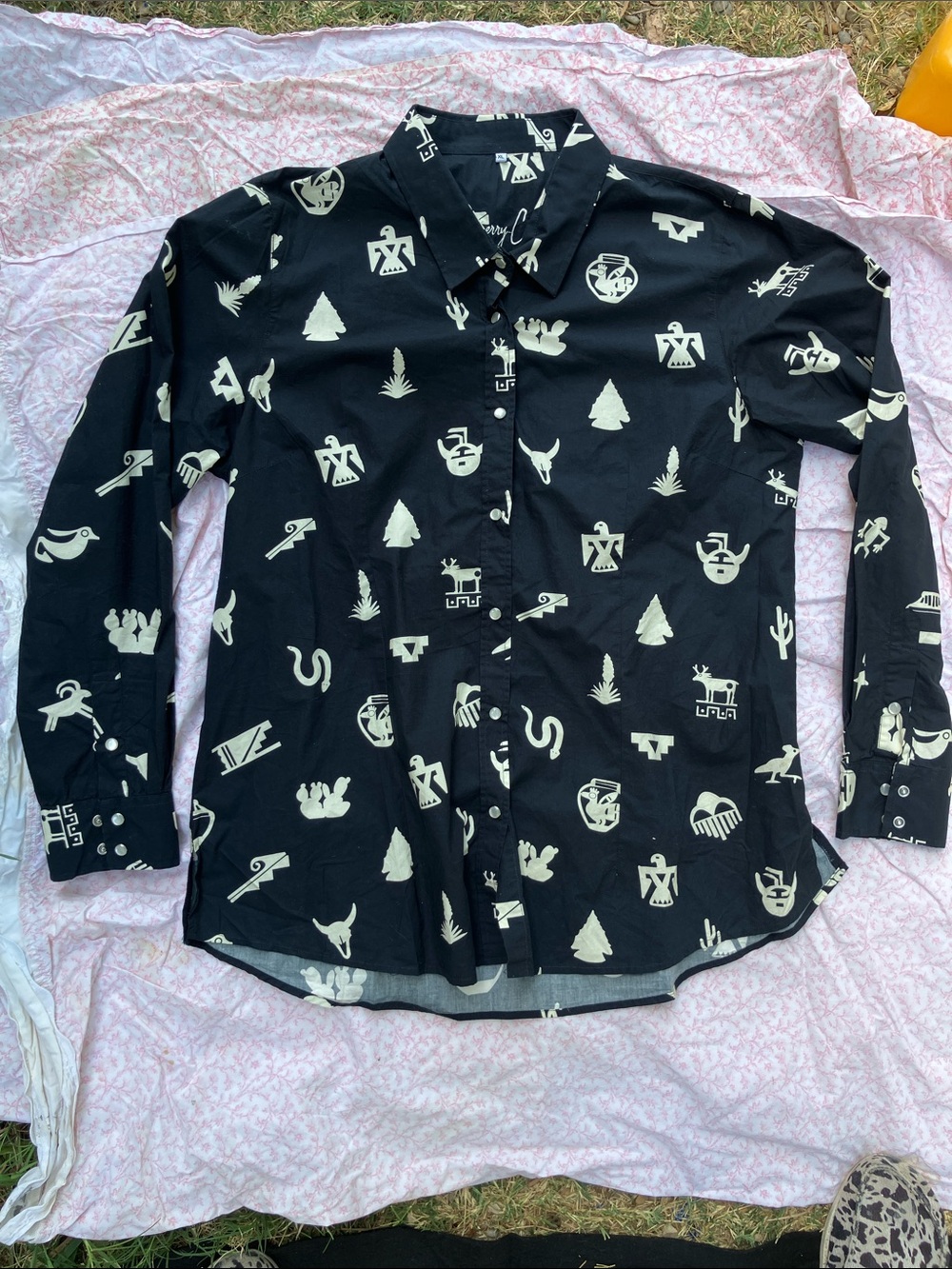 Men's Black Button-Down Shirt with White Southwestern Motif